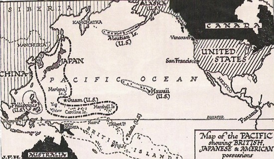 Map of the Pacific showing British, Japanese & American possessions—drawn by J. F. Horrabin