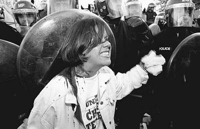 Julie Waterson after being batoned by police at the Welling demonstration against the BNP, 1993