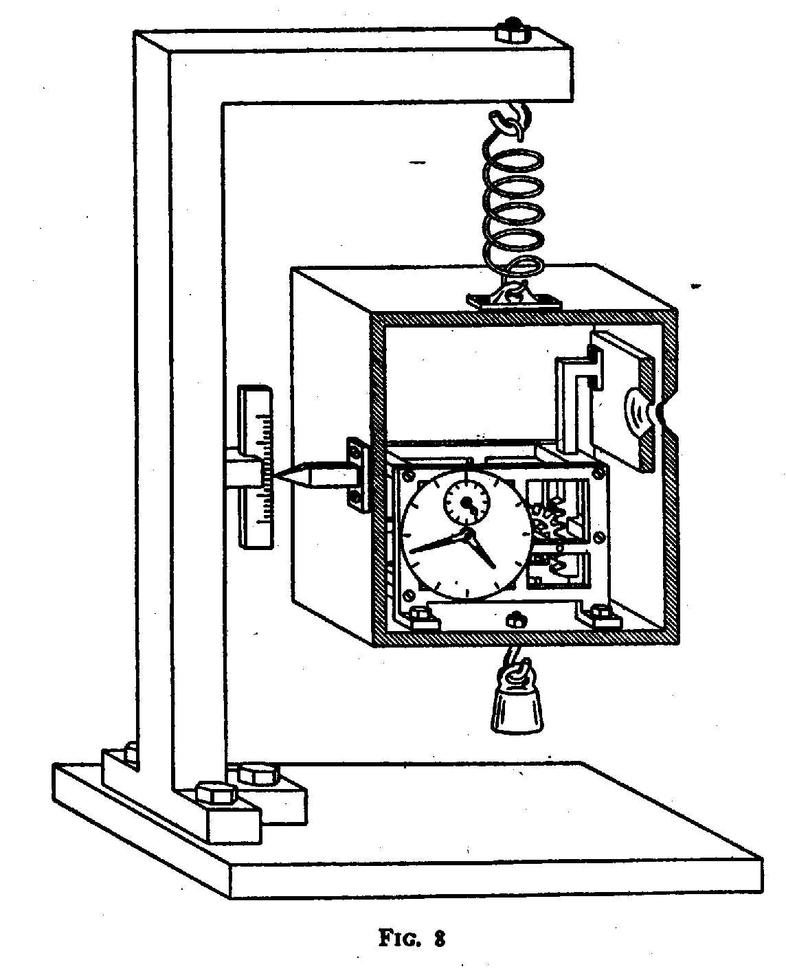 box with source and shuttered slit hanging on spring under gracvity
